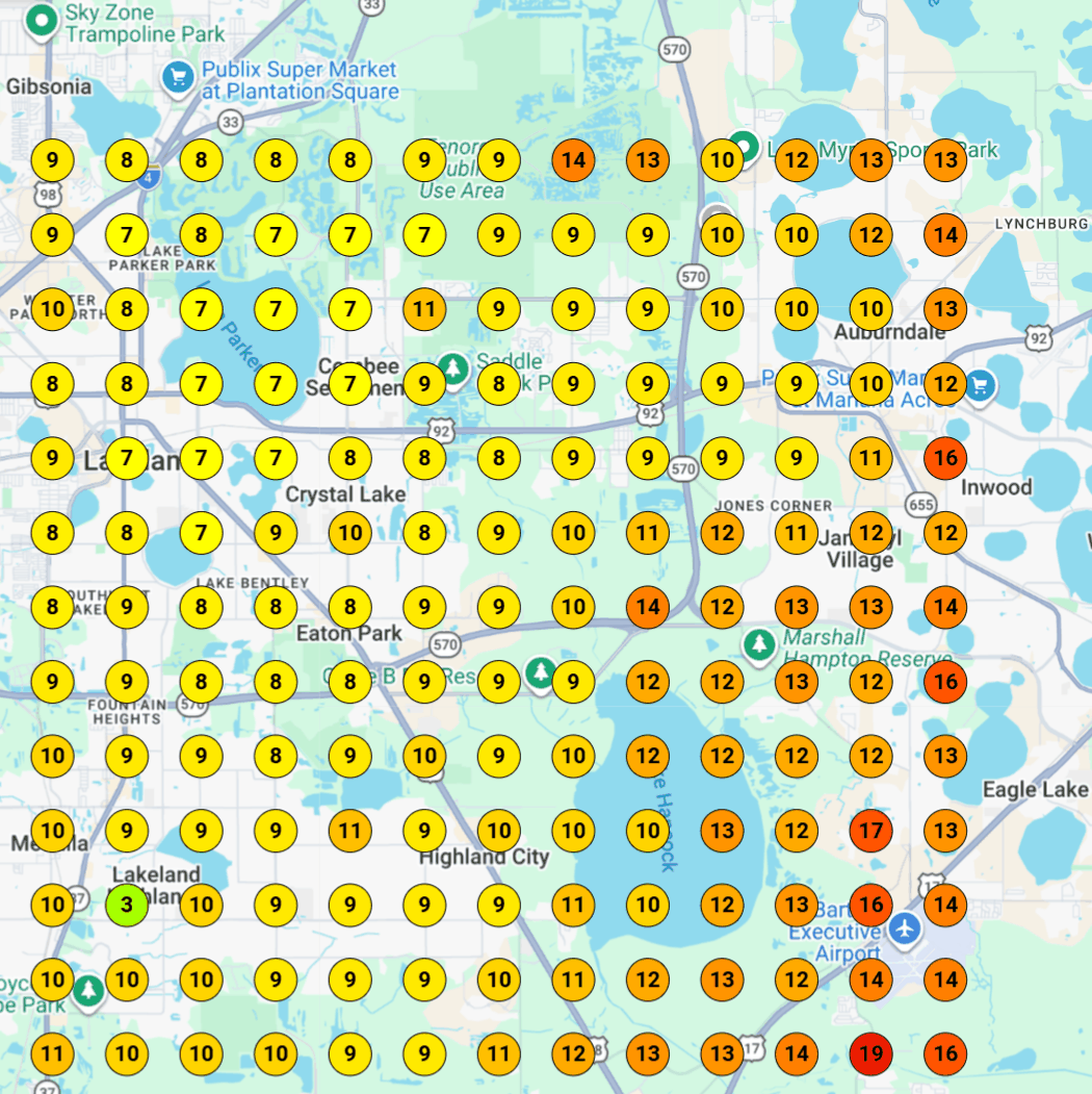 A ranking heatmap of a Florida town for the search septic pumping. Nearly every point on the grid is yellow, orange or red, meaning the business ranks between seventh and nineteenth wherever the customer is standing.