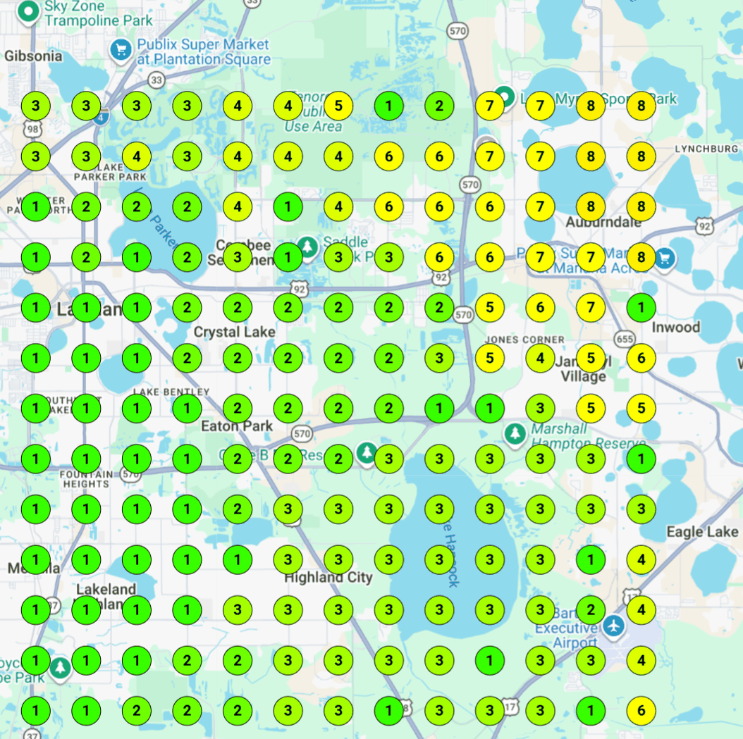 A ranking heatmap of the same Florida town on the same search and the same day. Most of the grid is green, meaning the business ranks in the top three across three quarters of the territory.