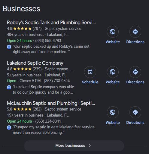 A real Google search for septic pumping, showing only the block of three businesses and a More businesses button underneath it.